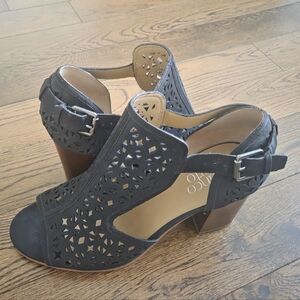Franco Sarto Women's Marino Black Laser Cut Block Heel Peep Toe Sandals size 9.5